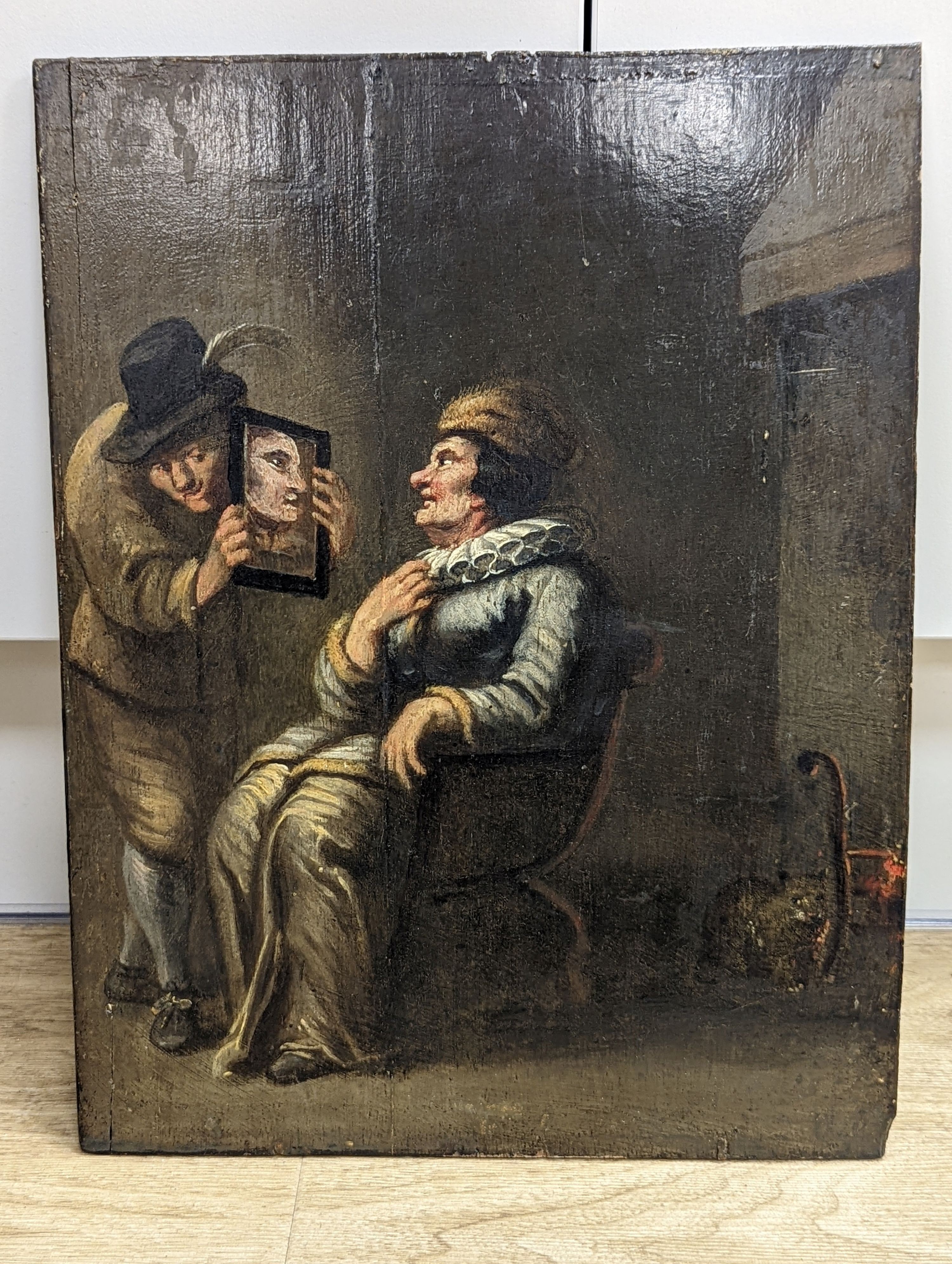 Oil on board, 19th century figure in a mirror, inscribed verso, 33.5 x 26cm